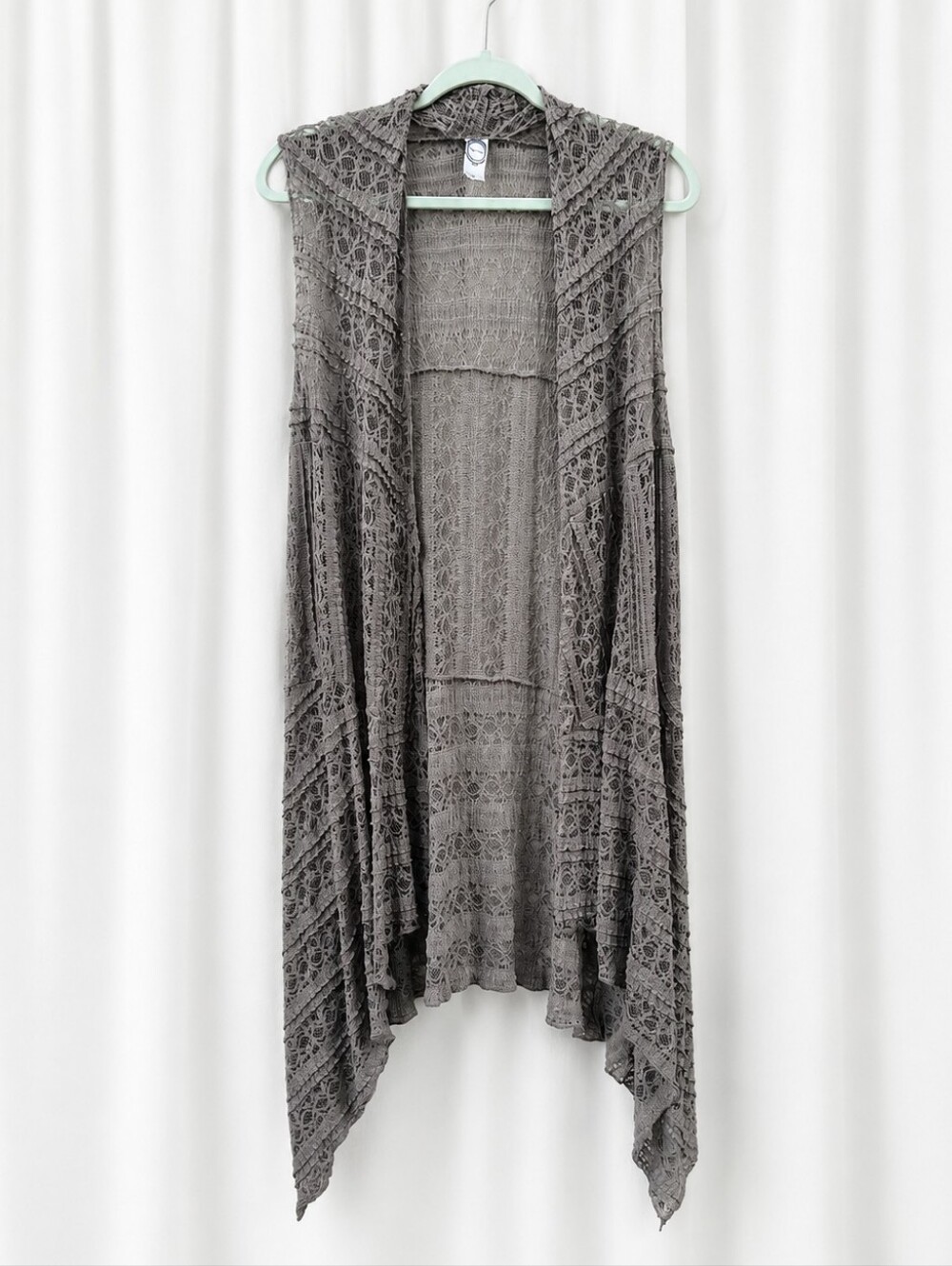 Honeyme Dark Sage Green Lace Cardigan Vest M Stretchy Shabby Chic Hippie Layer